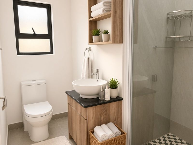 Modern bathroom featuring a vanity with vessel sink, a separate shower enclosure, and neutral tiled finishes.