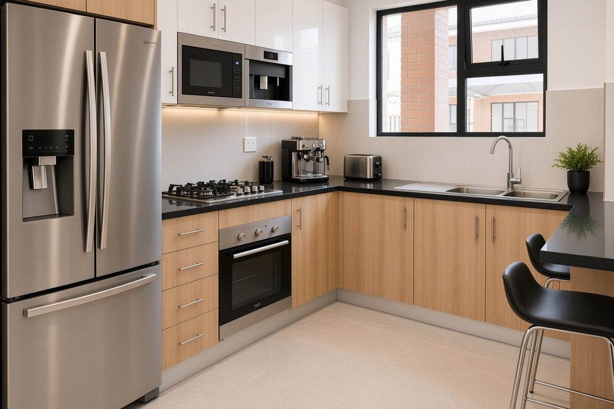 Modern kitchen featuring light wood cabinetry, stone countertops, integrated appliances including a gas hob, oven, microwave, and coffee machine, with a stainless steel sink.