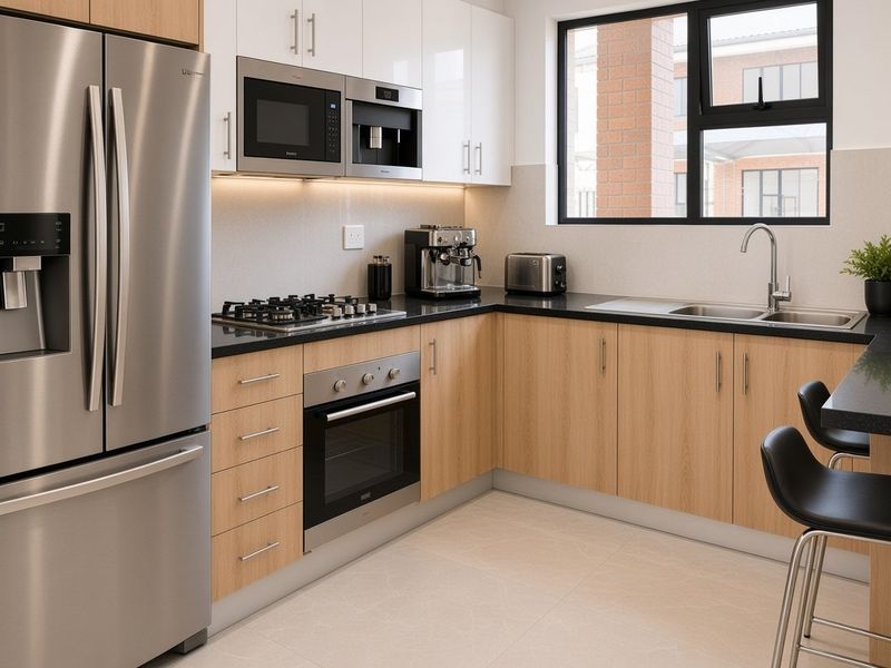 Modern kitchen featuring light wood cabinetry, stone countertops, integrated appliances including a gas hob, oven, microwave, and coffee machine, with a stainless steel sink.