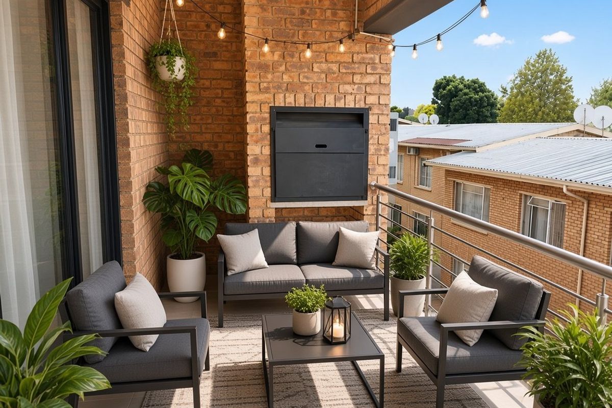 A well-maintained balcony featuring a built-in braai, exposed brickwork, and metal railings, offering a pleasant outdoor space for relaxation.