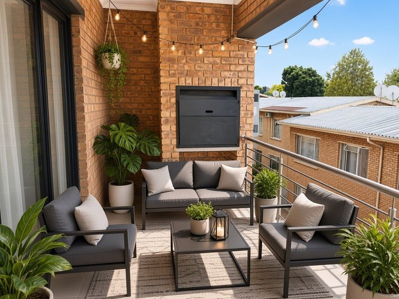 A well-maintained balcony featuring a built-in braai, exposed brickwork, and metal railings, offering a pleasant outdoor space for relaxation.