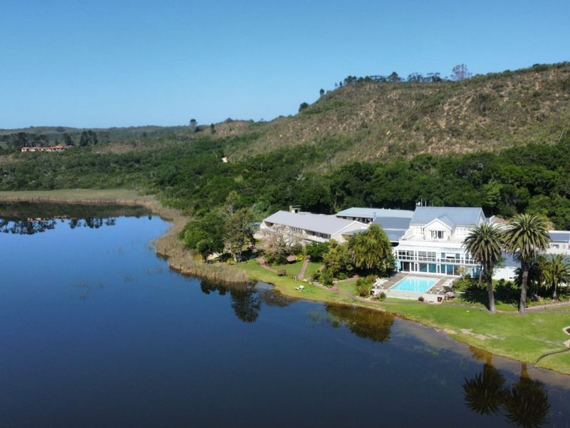 Aerial view of a large property situated on a lakefront, featuring a swimming pool, expansive lawns, and mature trees.