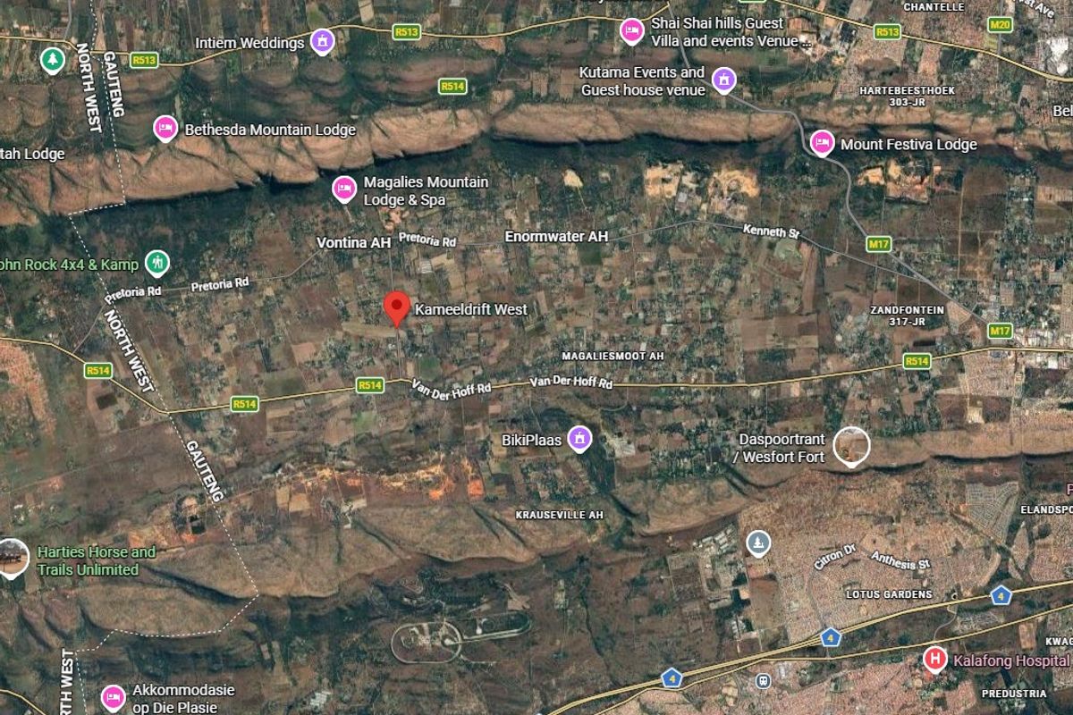 An aerial map view showing the location of Kameeldrift West and surrounding areas, including local landmarks and road networks.