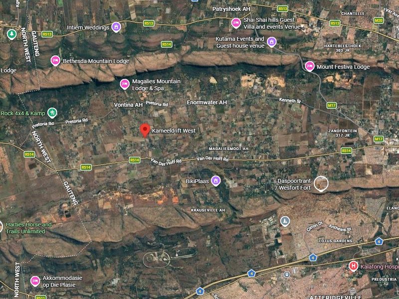 An aerial map view showing the location of Kameeldrift West and surrounding areas, including local landmarks and road networks.