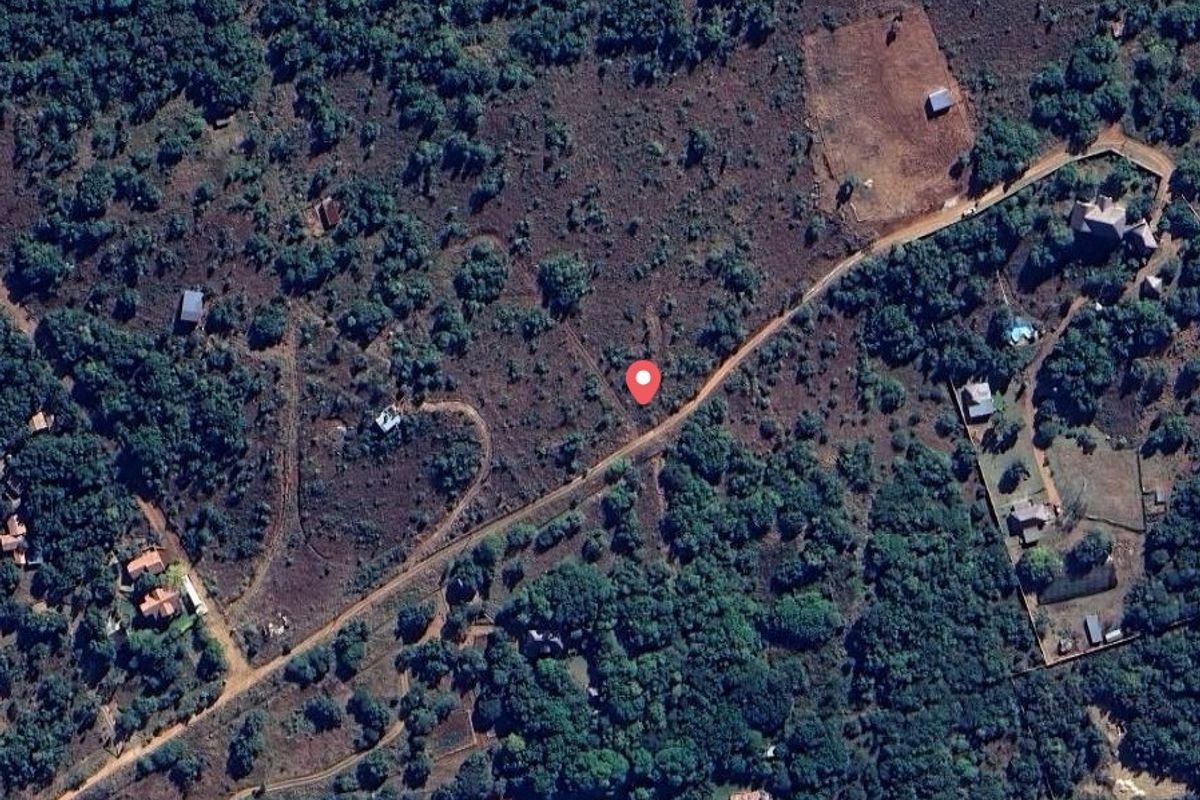 An aerial view of a vacant residential plot featuring native vegetation and access via a dirt road in a rural setting.