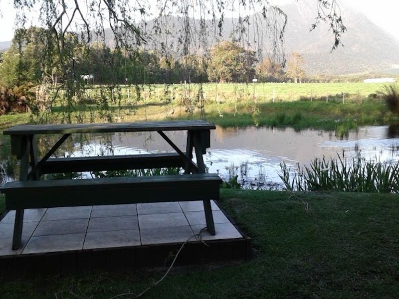 A scenic view of a farm pond and surrounding landscape, featuring a small tiled patio area overlooking the water.