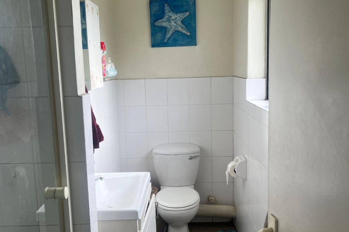 Compact bathroom featuring a shower enclosure, vanity basin, and toilet with tiled walls and laminate flooring.