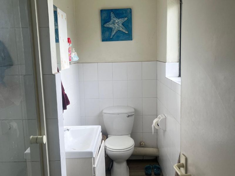 Compact bathroom featuring a shower enclosure, vanity basin, and toilet with tiled walls and laminate flooring.