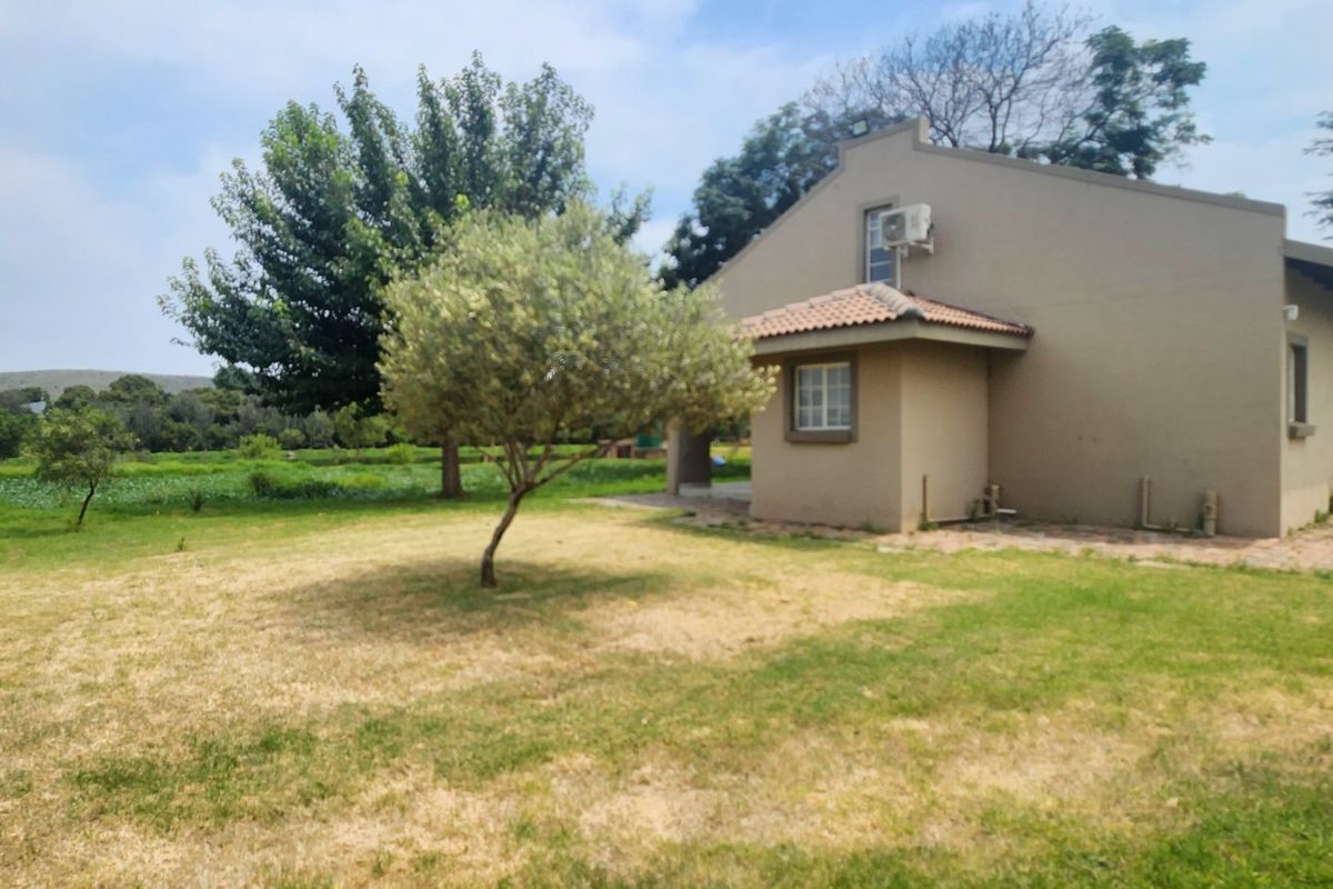 Rear view of the property featuring a paved patio, split-system air conditioning unit, and a spacious garden area.