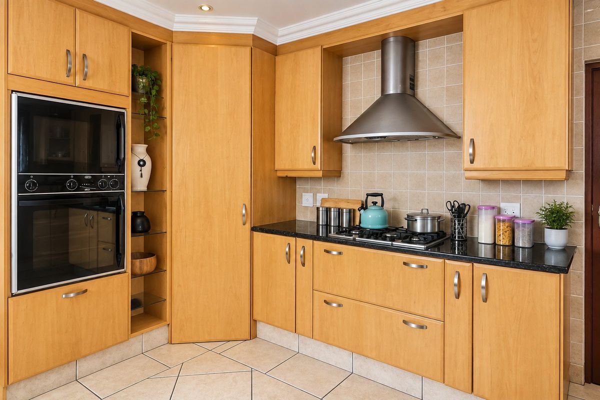 A well-maintained kitchen featuring light wood cabinetry, granite countertops, a built-in oven, and a stainless steel extractor fan with tiled flooring.