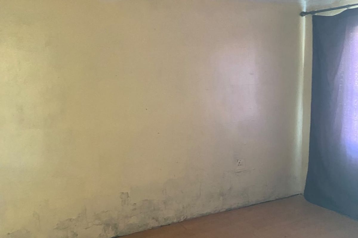 An empty bedroom featuring laminate flooring and a ceiling with visible wear, requiring cosmetic updates and repairs to the wall and ceiling finishes.