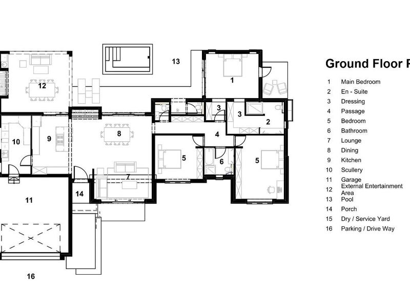 A detailed ground floor plan illustrating the layout of the residence, including bedrooms, living areas, kitchen, garage, and outdoor pool space.