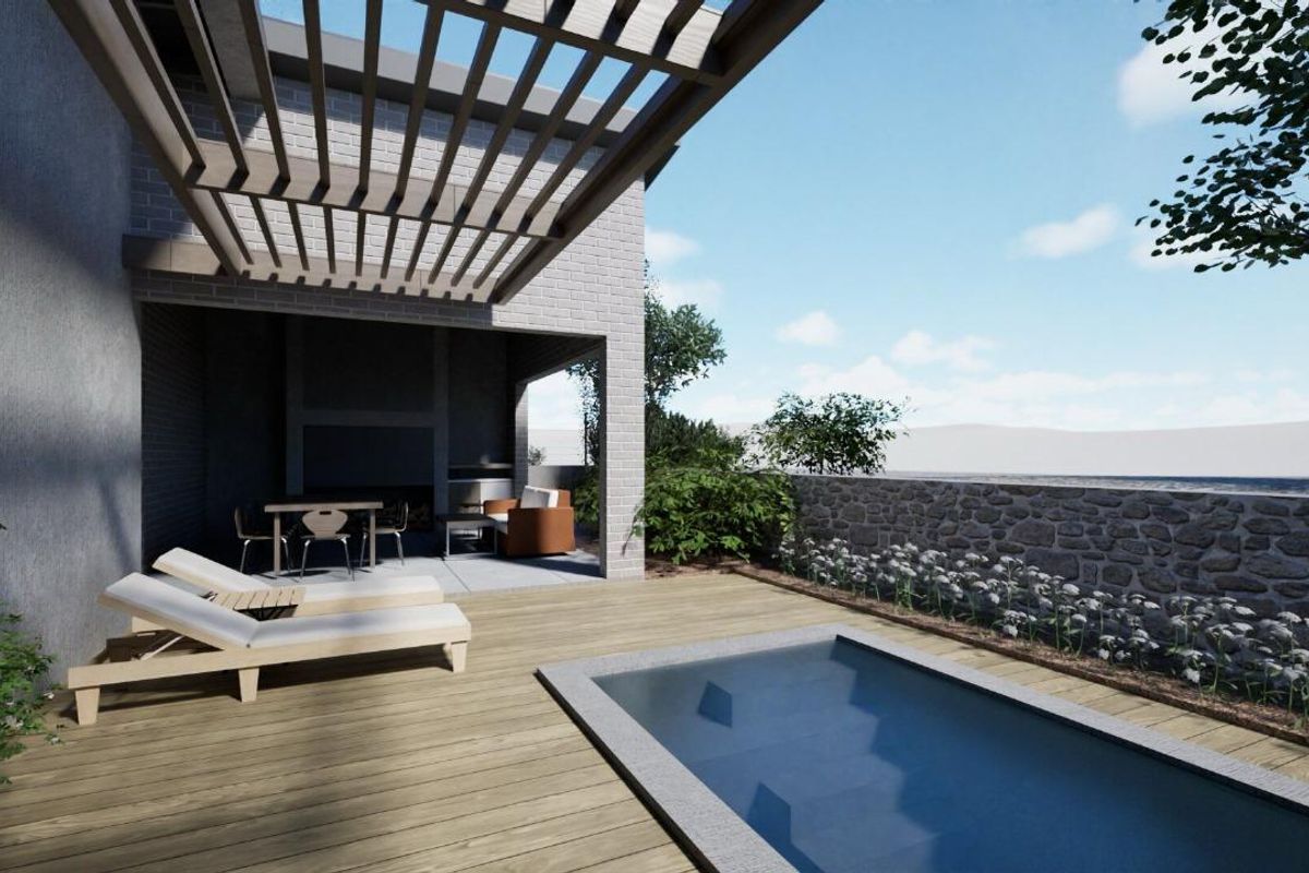 Outdoor entertainment area featuring a covered pergola, built-in fireplace, timber decking, and a modern plunge pool set against a stone retaining wall.