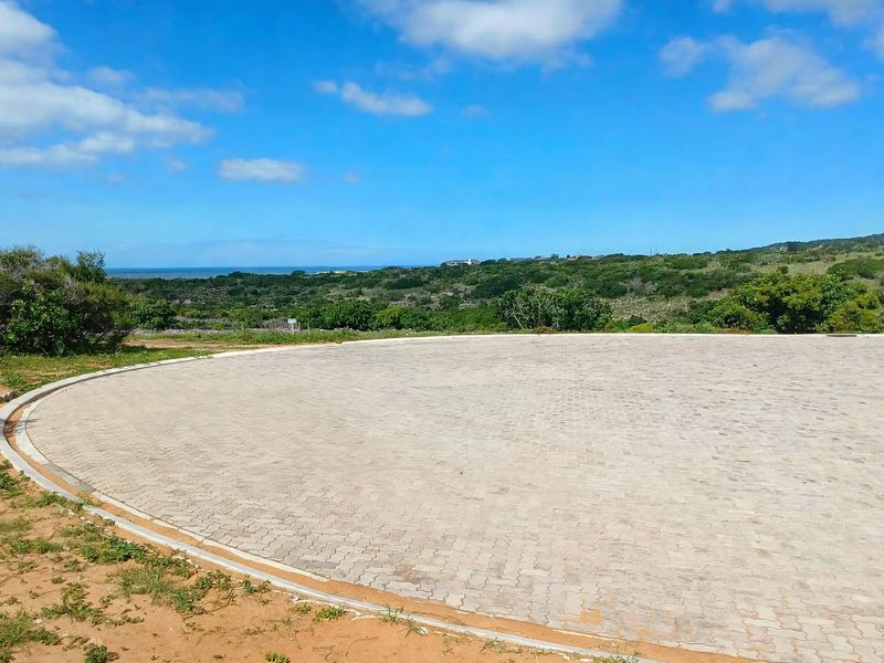 A wide-angle view of a paved circular driveway area overlooking a natural landscape and distant coastal horizon.