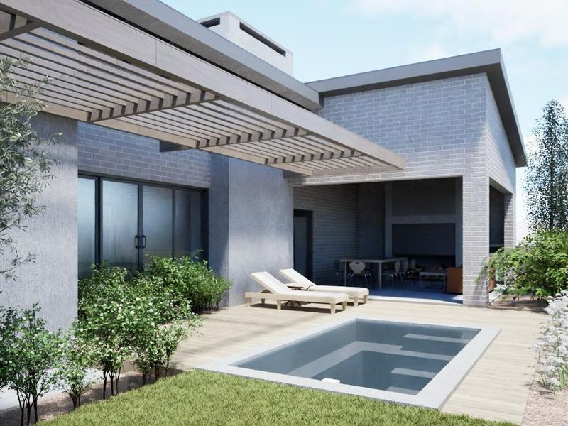 Modern outdoor entertainment area featuring a swimming pool, timber decking, covered patio with built-in braai, and landscaped garden.