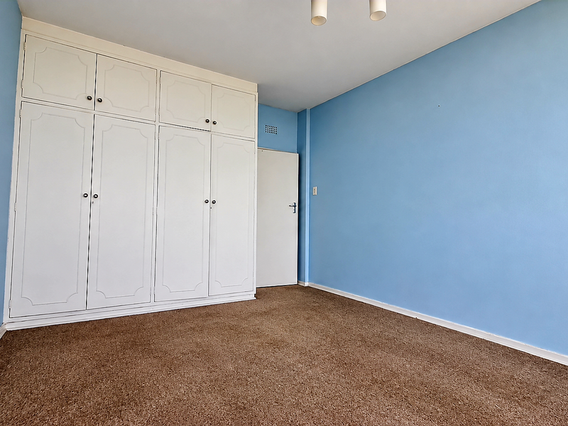 A bright, empty bedroom featuring blue walls, brown carpeting, and ample built-in cupboard storage space.