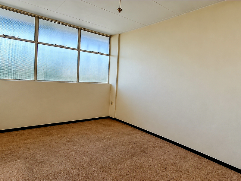 An empty bedroom featuring carpet flooring and large windows with textured glass, offering a blank canvas for renovation or staging.