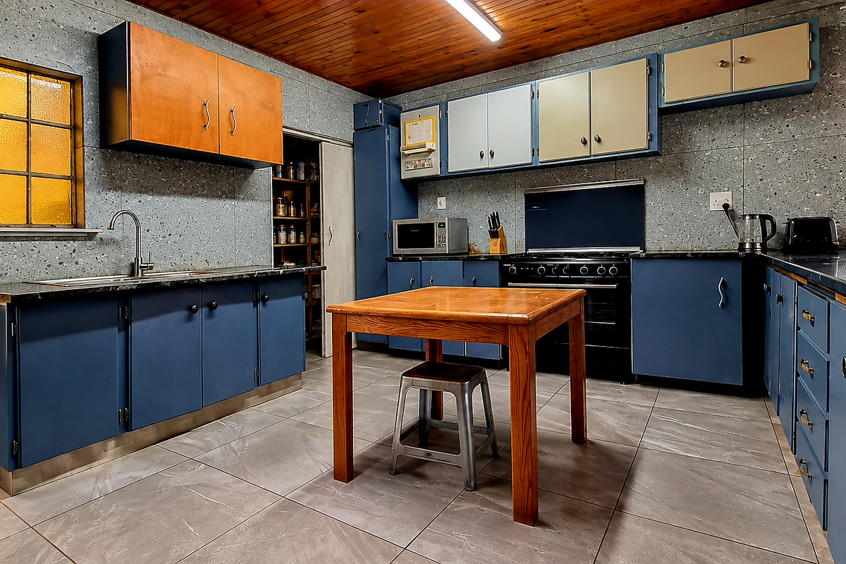 A functional kitchen featuring blue and wood-tone cabinetry, tiled walls, a built-in oven, and a dedicated pantry area with tiled flooring throughout.