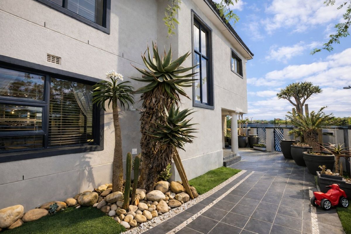 A well-maintained rear exterior view featuring a tiled patio area, landscaped garden beds with mature succulents, and modern dark-framed windows.