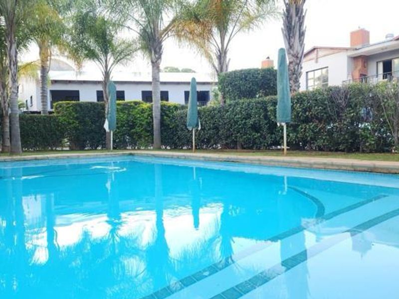 A well-maintained communal swimming pool area surrounded by established hedges and palm trees, providing a pleasant outdoor recreational space.