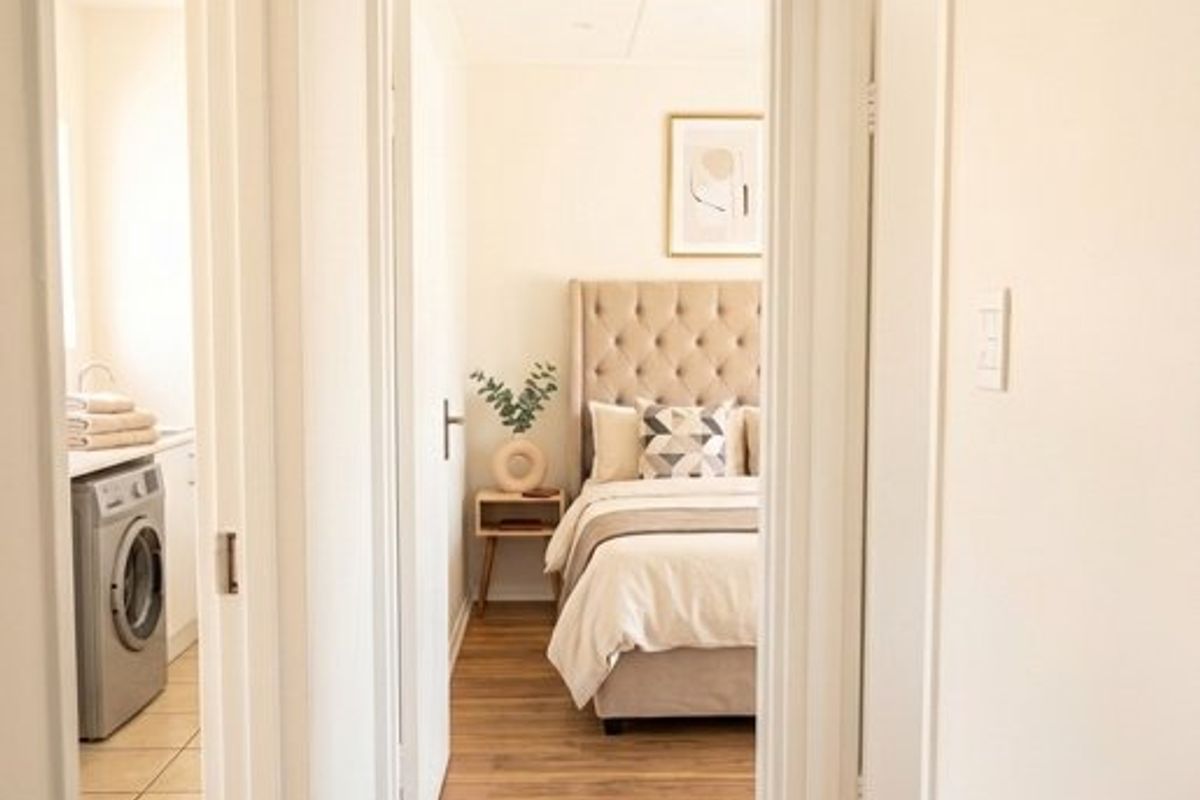 A bright hallway connecting a bedroom and a laundry area, featuring modern laminate flooring and clean, neutral finishes throughout.