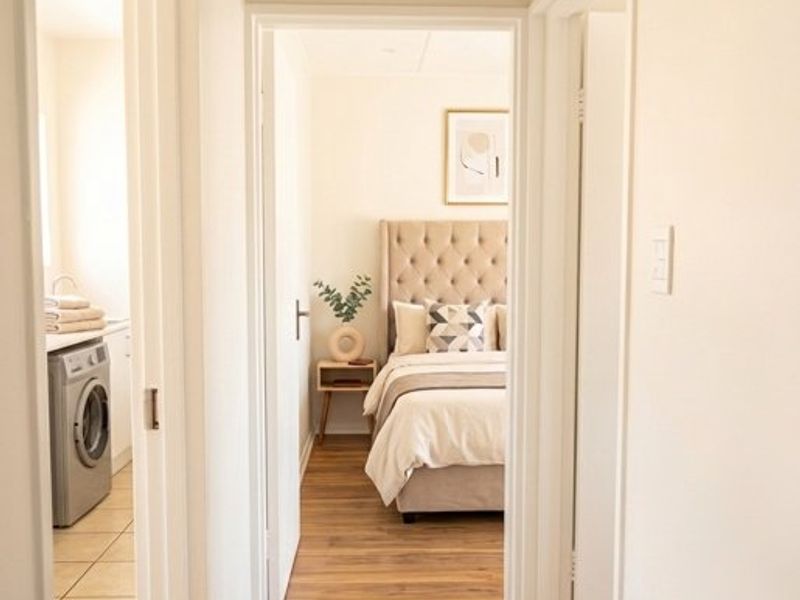 A bright hallway connecting a bedroom and a laundry area, featuring modern laminate flooring and clean, neutral finishes throughout.