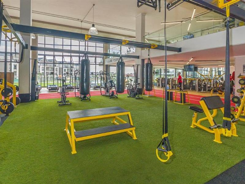 A modern, well-equipped apartment complex gym featuring artificial turf flooring, high ceilings, and expansive glass windows providing ample natural light.