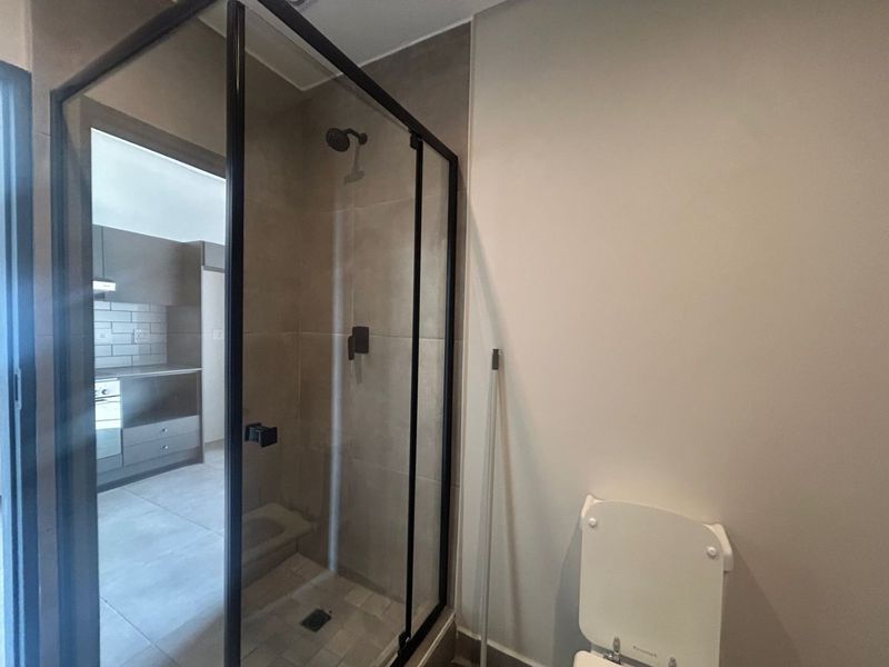 Modern bathroom featuring a walk-in shower with a black-framed glass enclosure and a standard toilet.