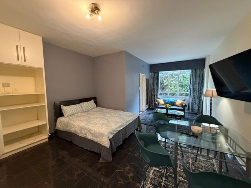 An open-plan studio apartment featuring dark tiled flooring, a built-in storage unit, and a combined living and sleeping area with large window views.