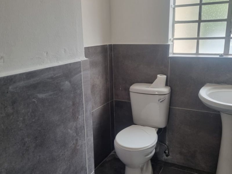 A compact bathroom featuring a pedestal basin, toilet, and modern grey floor-to-wall tiling with a window providing natural light.