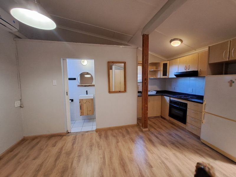 Open-plan living area featuring laminate flooring, a functional kitchen with built-in appliances, and direct access to an adjoining bathroom.