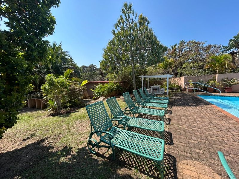 Outdoor pool area featuring brick paving, a pergola, and established garden surroundings, providing a functional space for relaxation and recreation.