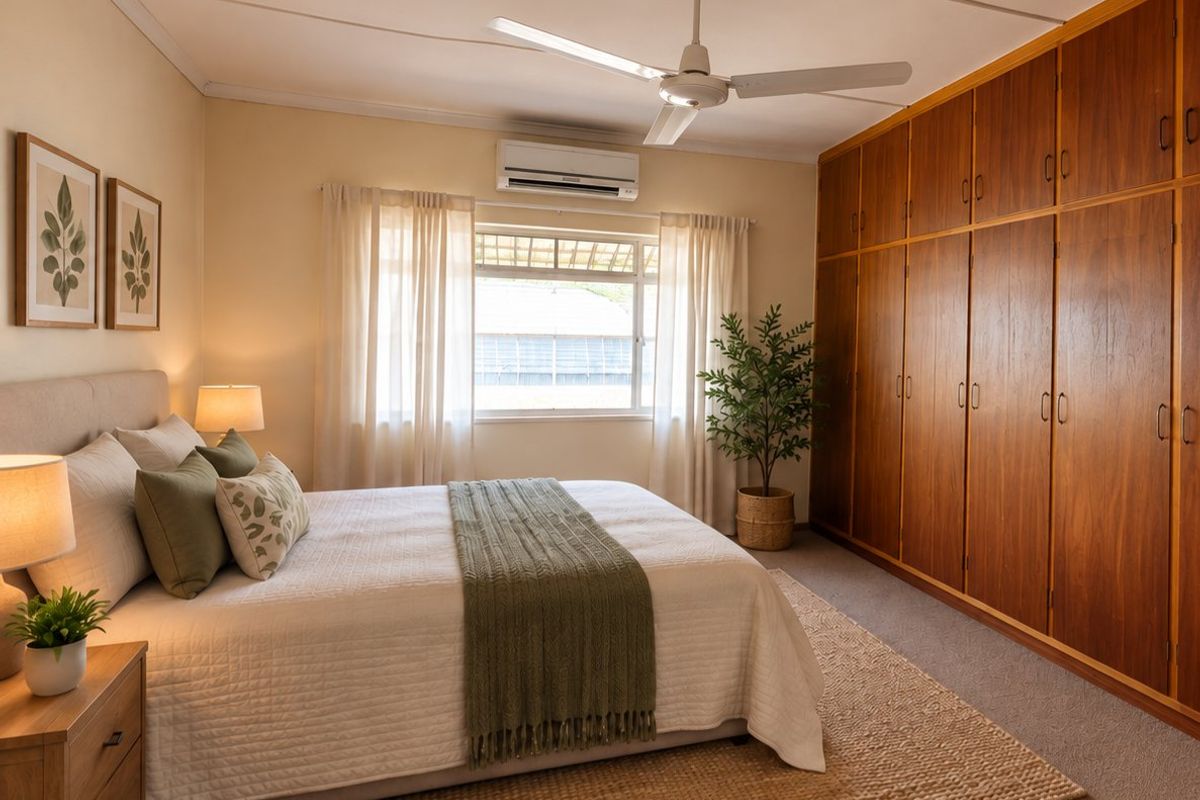 A well-maintained bedroom featuring extensive built-in wooden cabinetry, a ceiling fan, and a wall-mounted air conditioning unit for climate control.