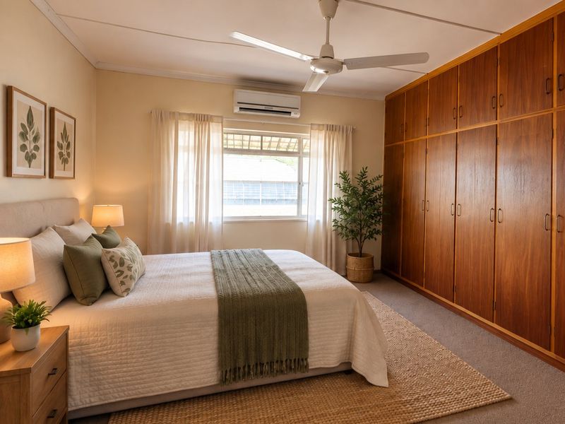 A well-maintained bedroom featuring extensive built-in wooden cabinetry, a ceiling fan, and a wall-mounted air conditioning unit for climate control.