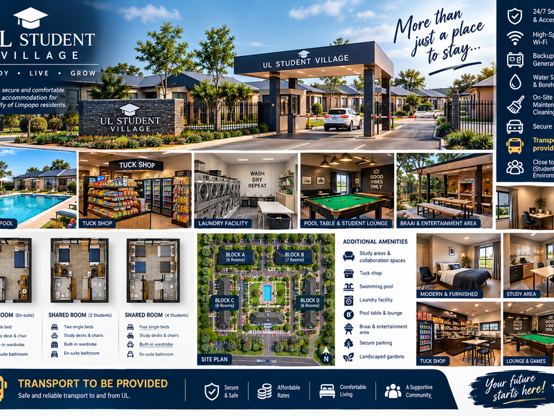 A promotional collage showcasing the facilities and site plan of the UL Student Village residential property.