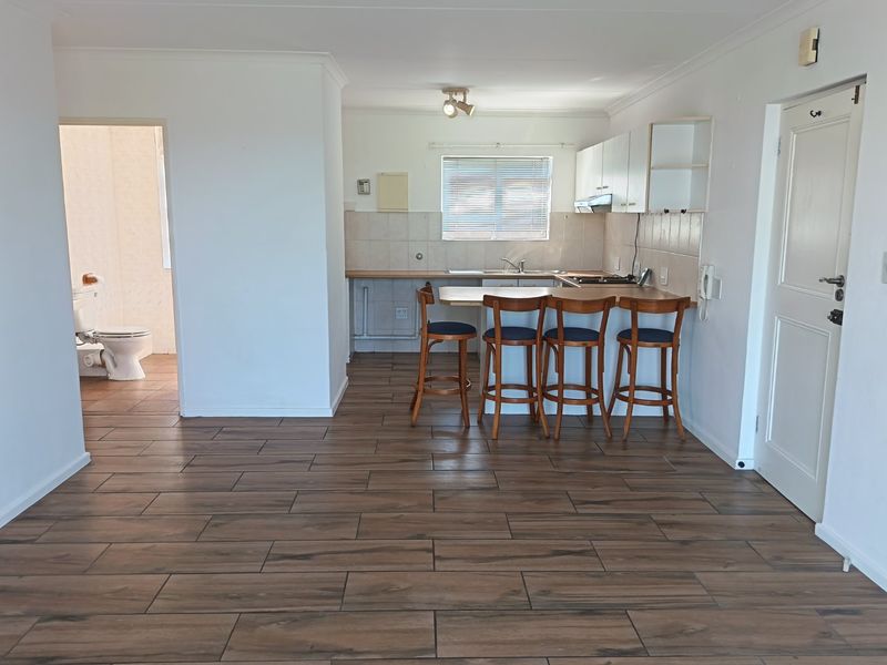 Open plan living area featuring wood-look tiled flooring, a functional kitchen with breakfast counter, and direct access to an adjacent bathroom.