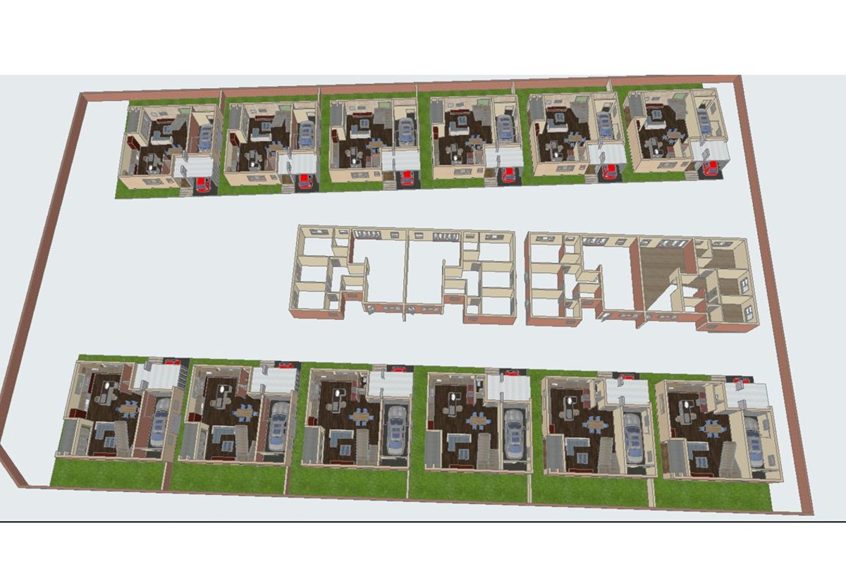 A 3D site plan showing the layout of multiple residential units, driveways, and boundary fencing within the property development.
