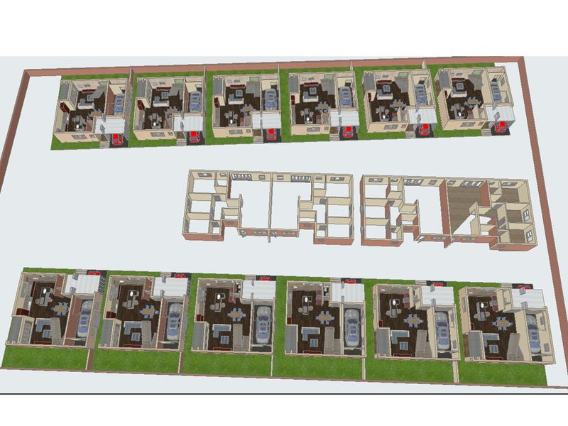 A 3D site plan showing the layout of multiple residential units, driveways, and boundary fencing within the property development.