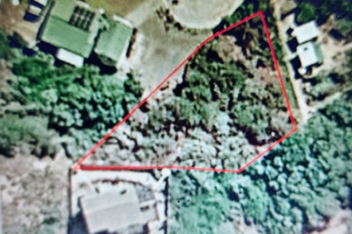 An aerial view of a vacant residential land plot outlined in red, showing surrounding vegetation and neighboring properties.