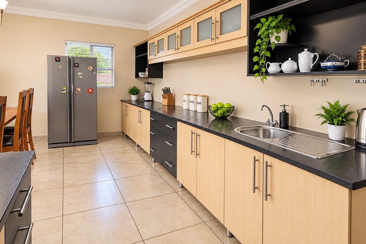A functional kitchen featuring light wood-tone cabinetry, dark laminate countertops, stainless steel sink, and neutral ceramic floor tiles.