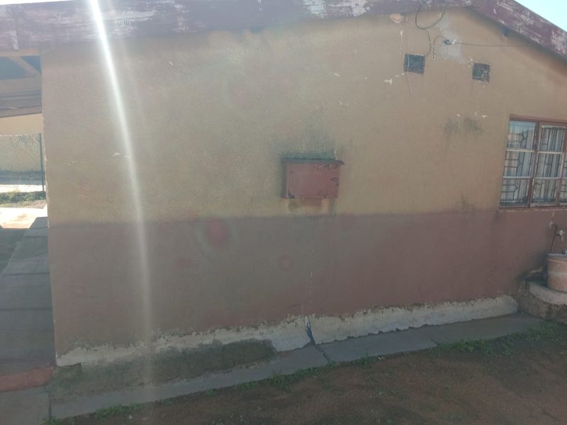 Rear exterior view of the house showing weathered plaster, peeling paint on the eaves, and visible signs of rising damp along the base.
