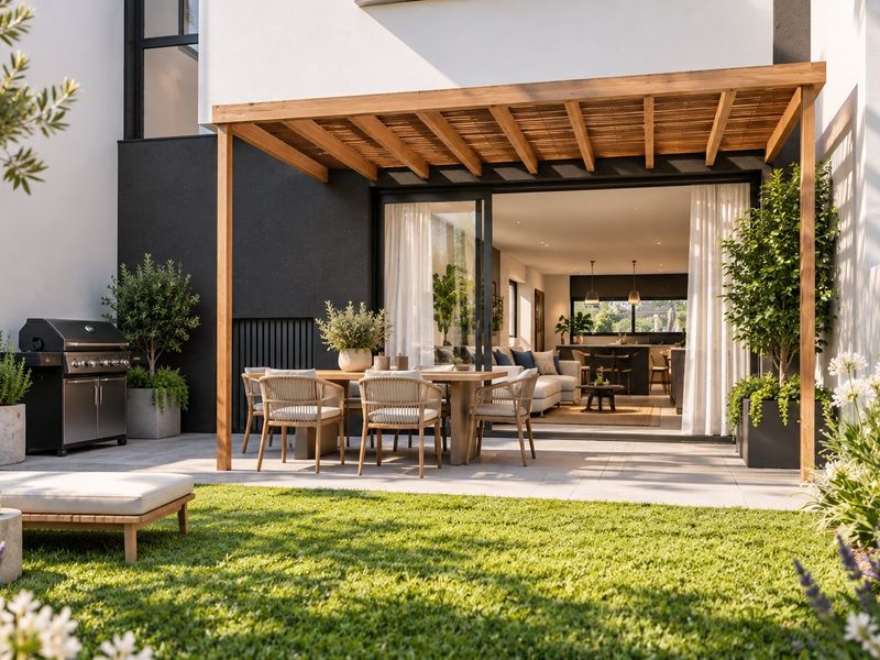 A modern covered patio featuring a timber pergola, paved flooring, and seamless indoor-outdoor flow through large sliding glass doors into the open-plan living area.