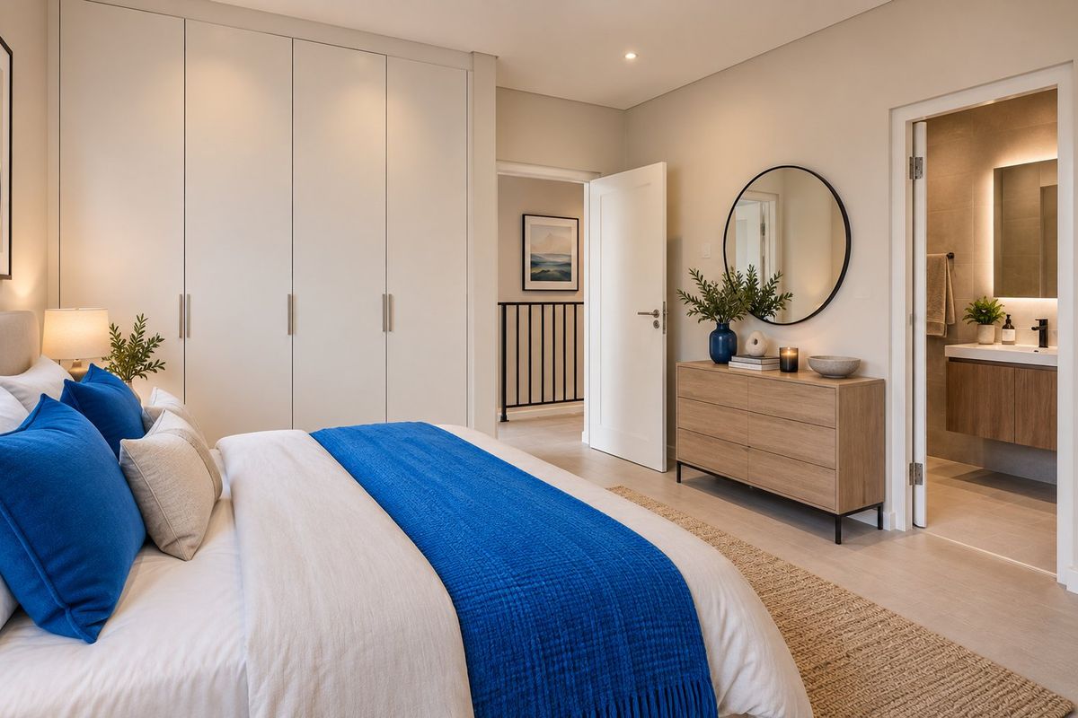 A modern, well-maintained bedroom featuring extensive built-in cupboards, neutral finishes, and an adjoining en-suite bathroom with a contemporary vanity.