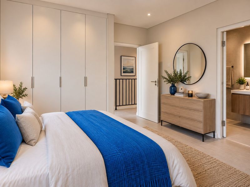 A modern, well-maintained bedroom featuring extensive built-in cupboards, neutral finishes, and an adjoining en-suite bathroom with a contemporary vanity.