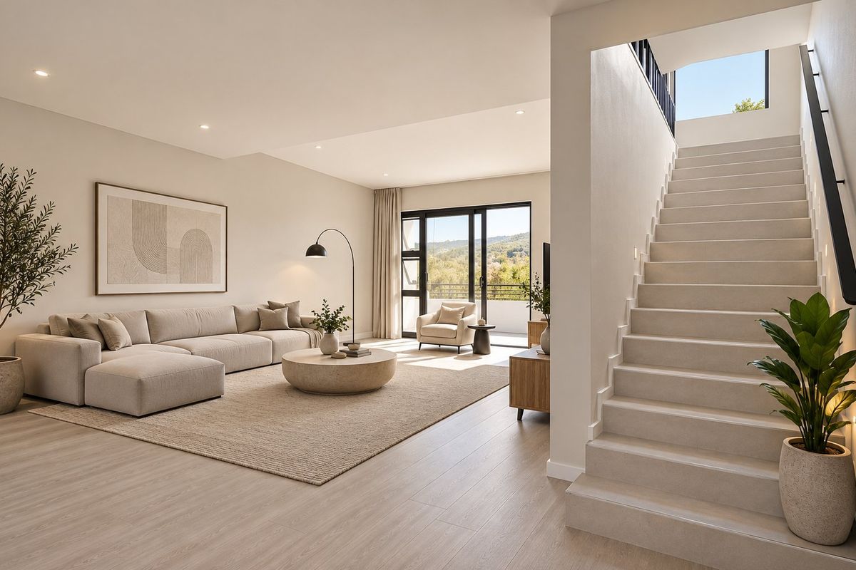 A bright and modern open-plan living area featuring neutral tones, recessed lighting, and a staircase leading to the upper level.