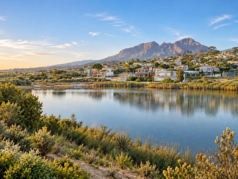 A scenic landscape view featuring a tranquil lake in the foreground with residential properties and a mountain range in the background.