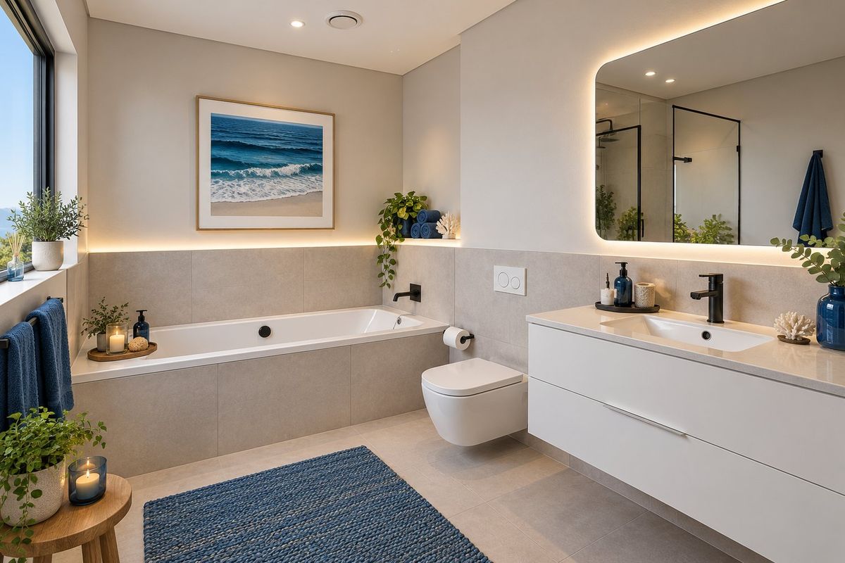 Modern, high-end bathroom featuring a built-in bathtub, wall-hung toilet, sleek vanity with integrated sink, and elegant backlit mirror with contemporary black fixtures.