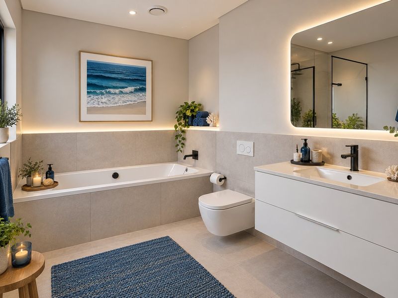 Modern, high-end bathroom featuring a built-in bathtub, wall-hung toilet, sleek vanity with integrated sink, and elegant backlit mirror with contemporary black fixtures.