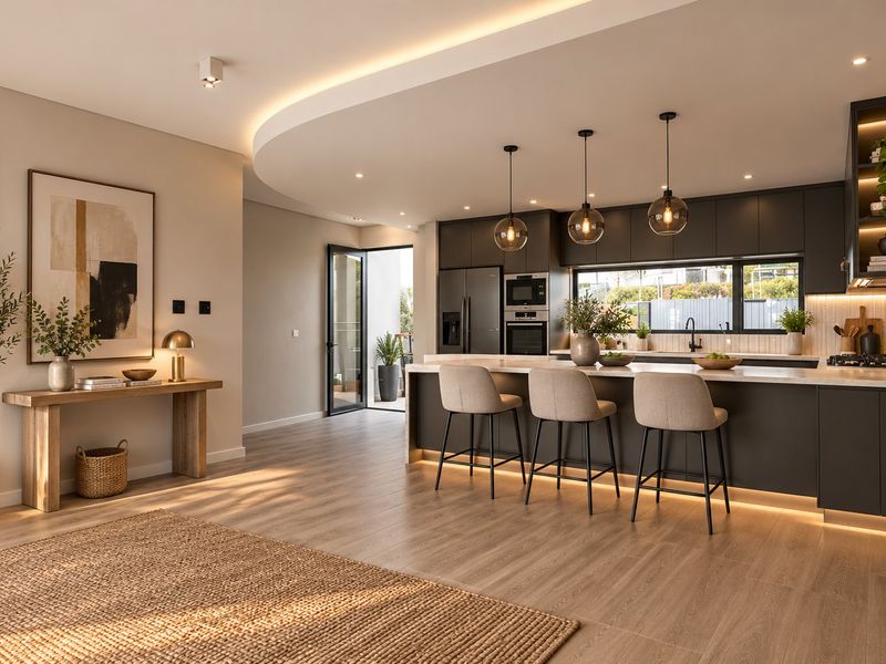 Modern open-plan kitchen featuring dark cabinetry, a central island with breakfast bar, integrated appliances, and sophisticated recessed and pendant lighting.