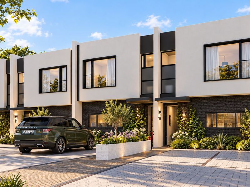 Modern townhouse exterior featuring a contemporary brick and render facade, paved driveway, and integrated landscaping.